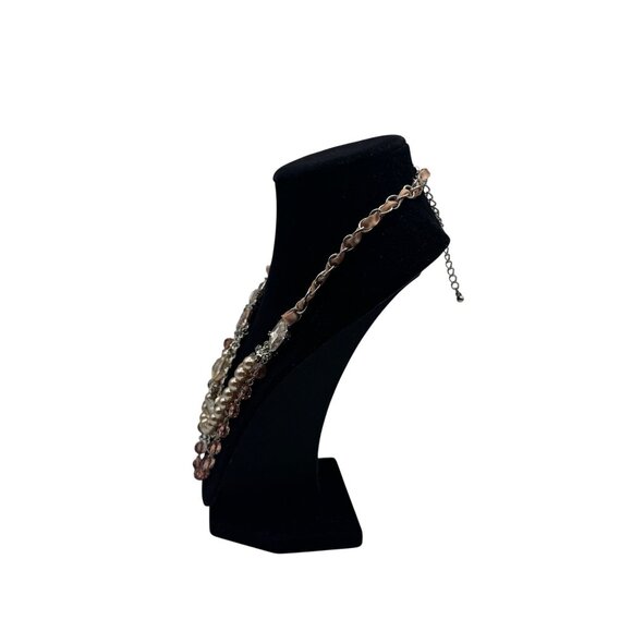 Multi-Layered Statement Necklace With Faux Pearls Crystals & Pink Chain By NY - Picture 3 of 6